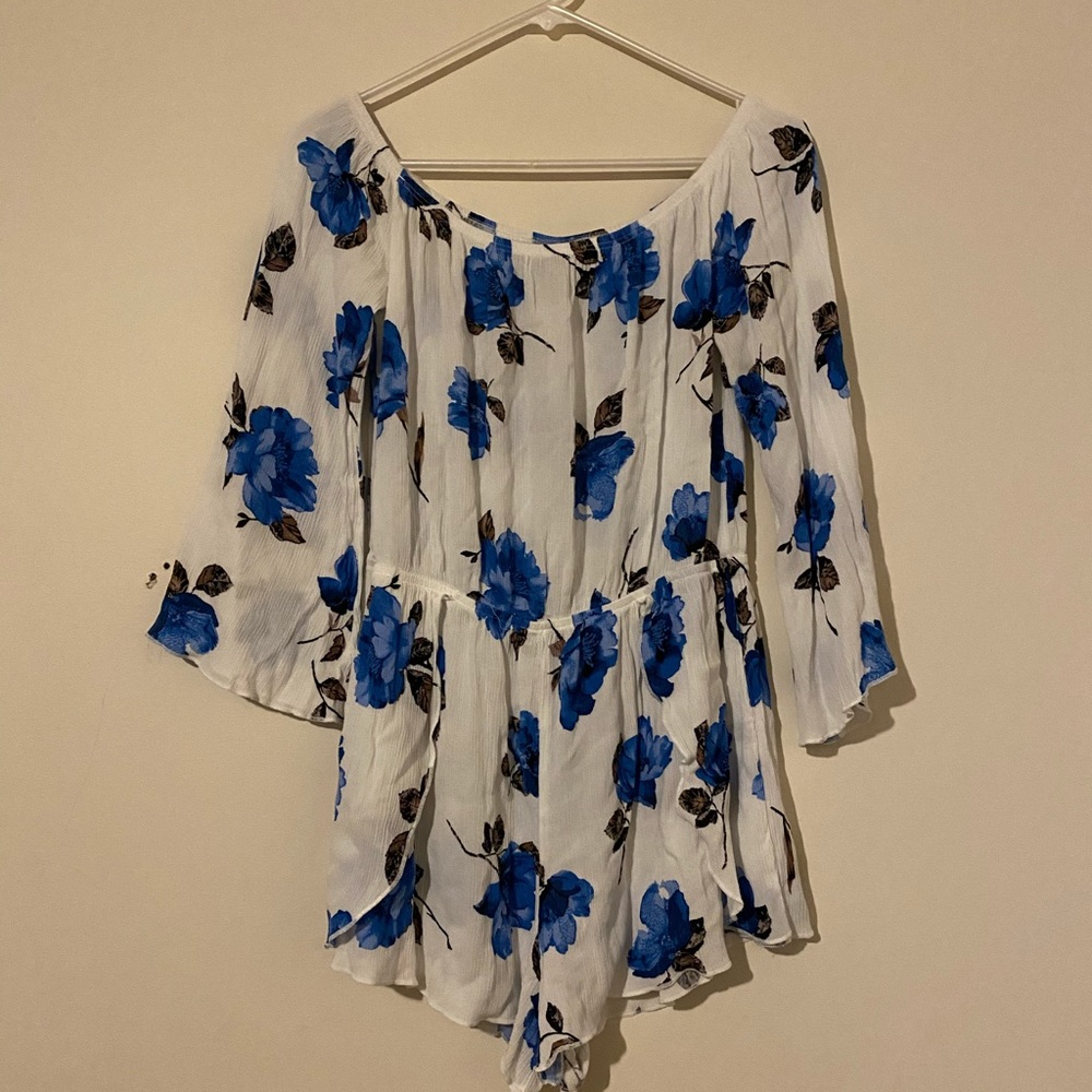 Off The Shoulder Blue Floral Romper